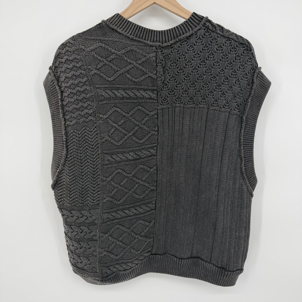 Free People Sz S Mixed Patchwork Cable Knit Sweater Vest Charcoal Grey Boho Top - Picture 2 of 5